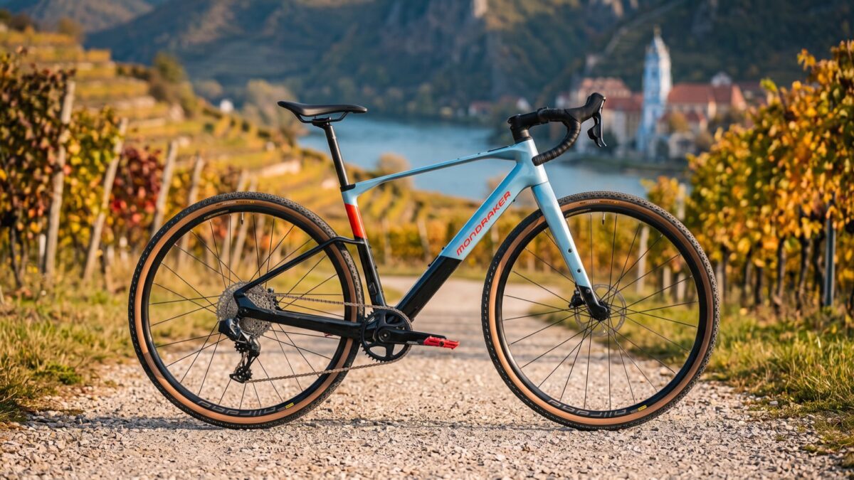 Mondraker Dusty RR auf einem Schotterweg in der Wachau mit Stift Dürnstein
