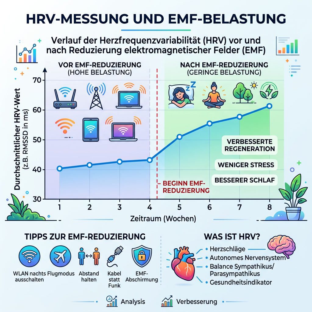 Zeitplan: HRV-Selbstmessung als Biomarker für EMF-Empfindlichkeit in vier Schritten – Basiswert, Referenzbereich, Maßnahme einführen, Vergleich