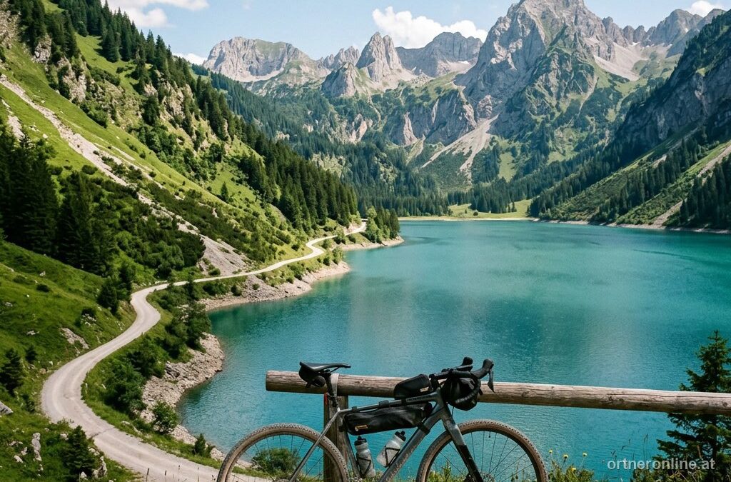 Alpine Schotterstrasse an einem türkisen Bergsee in Österreich