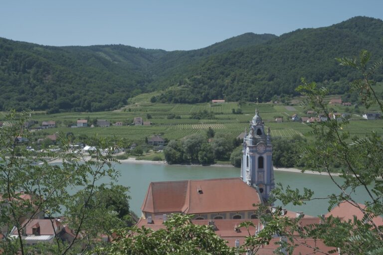 Beautiful landscape with Dürnstein Church, vineyards, and the Danube River in Lower Austria.
