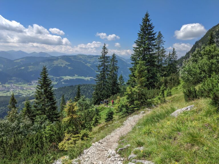 Explore Ellmau's breathtaking mountain trails with lush greenery and clear skies.