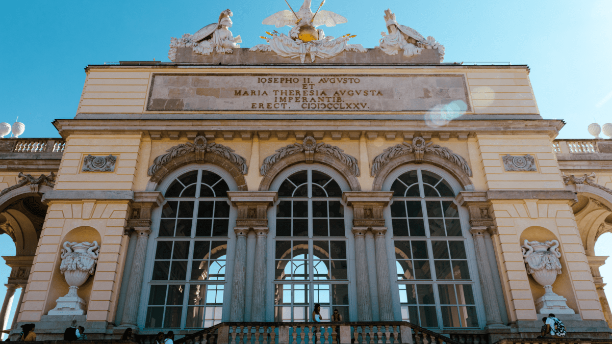 Stunning view of the Gloriette facade in Schönbrunn Palace Gardens, Vienna, Austria.