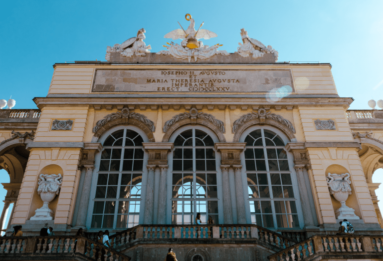 Stunning view of the Gloriette facade in Schönbrunn Palace Gardens, Vienna, Austria.