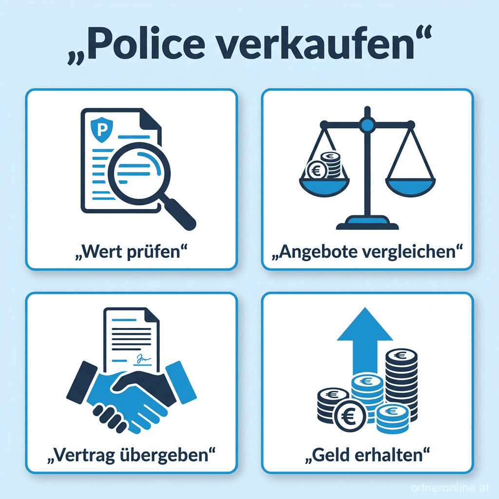 Infografik: Ablauf beim Verkauf einer Lebensversicherung in vier Schritten - Wert prüfen, Angebote vergleichen, Vertrag übergeben, Geld erhalten