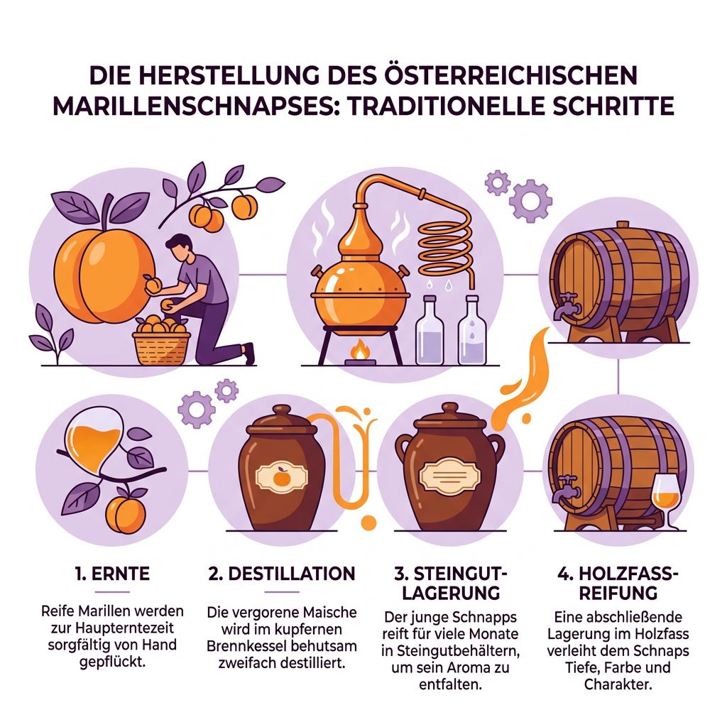 Produktionsstufen von Marillenschnaps: Ernte, Destillation, Steingutreifung und Holzfassreifung
