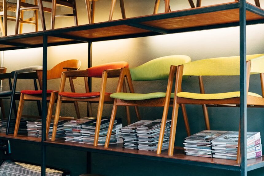 möbel heinrich kirchlengern - Vibrant modern wooden chairs arranged on shelves in a stylish furnitur