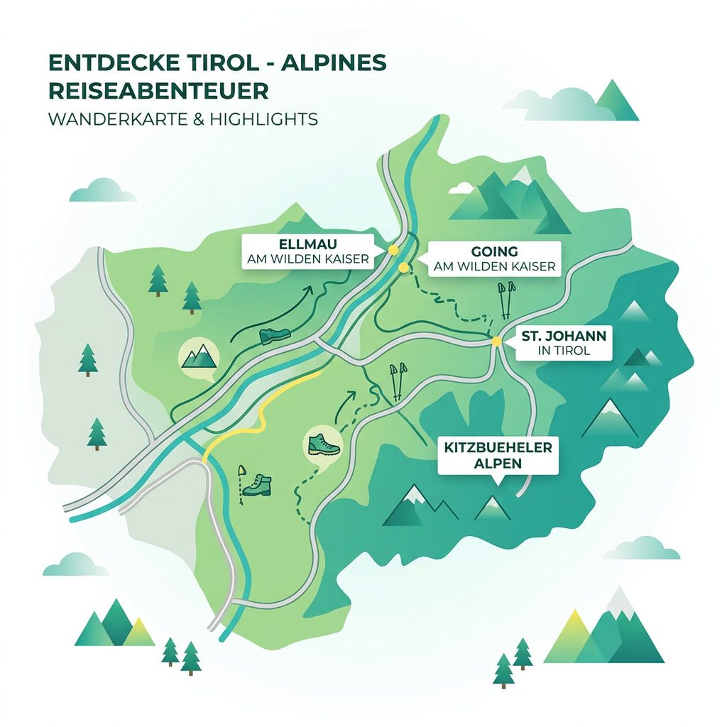 Uebersichtskarte der Bergdoktor-Drehorte in Tirol: Ellmau, Going am Wilden Kaiser, St. Johann in Tirol und Kitzbueheler Alpen
